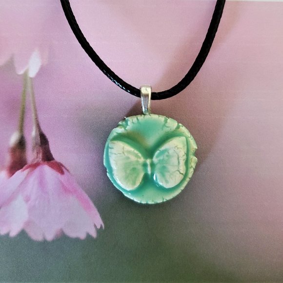 Handmade Ceramic Aqua Green Butterfly Pendant Necklace - Picture 9 of 11
